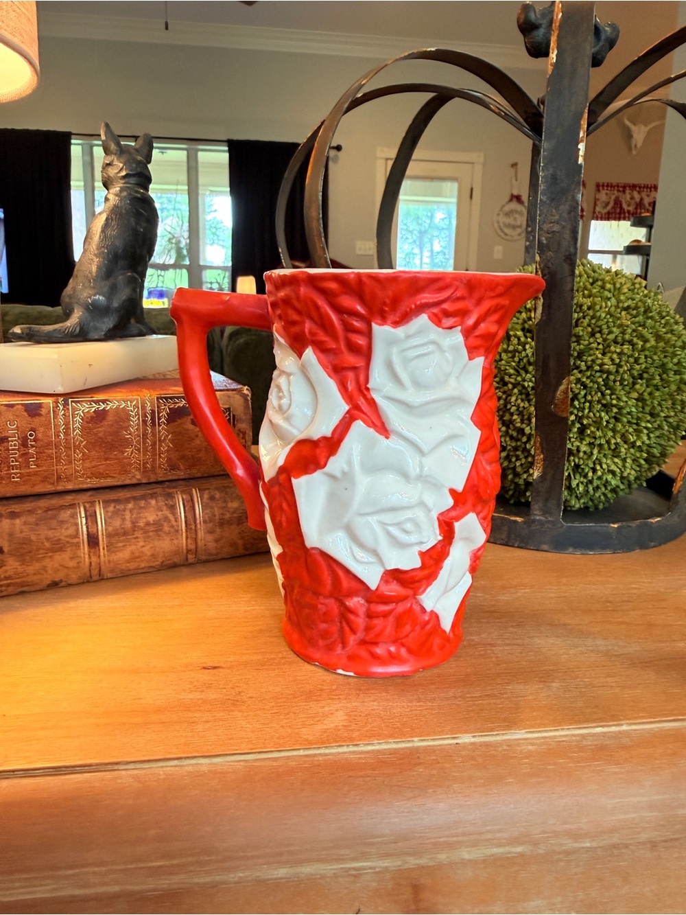 Rare Royal Trico Japan Ceramic Pitcher – Red & Cream Rose Relief, 1950s - Picture 12 of 14